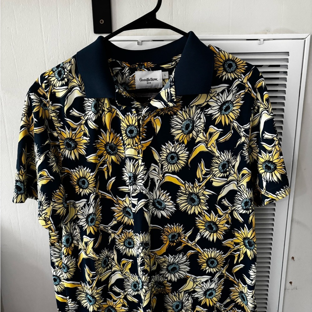 Goodfellow & Co Men's Sunflower Print Polo - Navy and Yellow